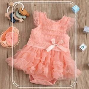 Baby Girl Birthday Tutu Ruffle Dress 2Pc Cake Smash Coral Romper Headwrap 9-12M